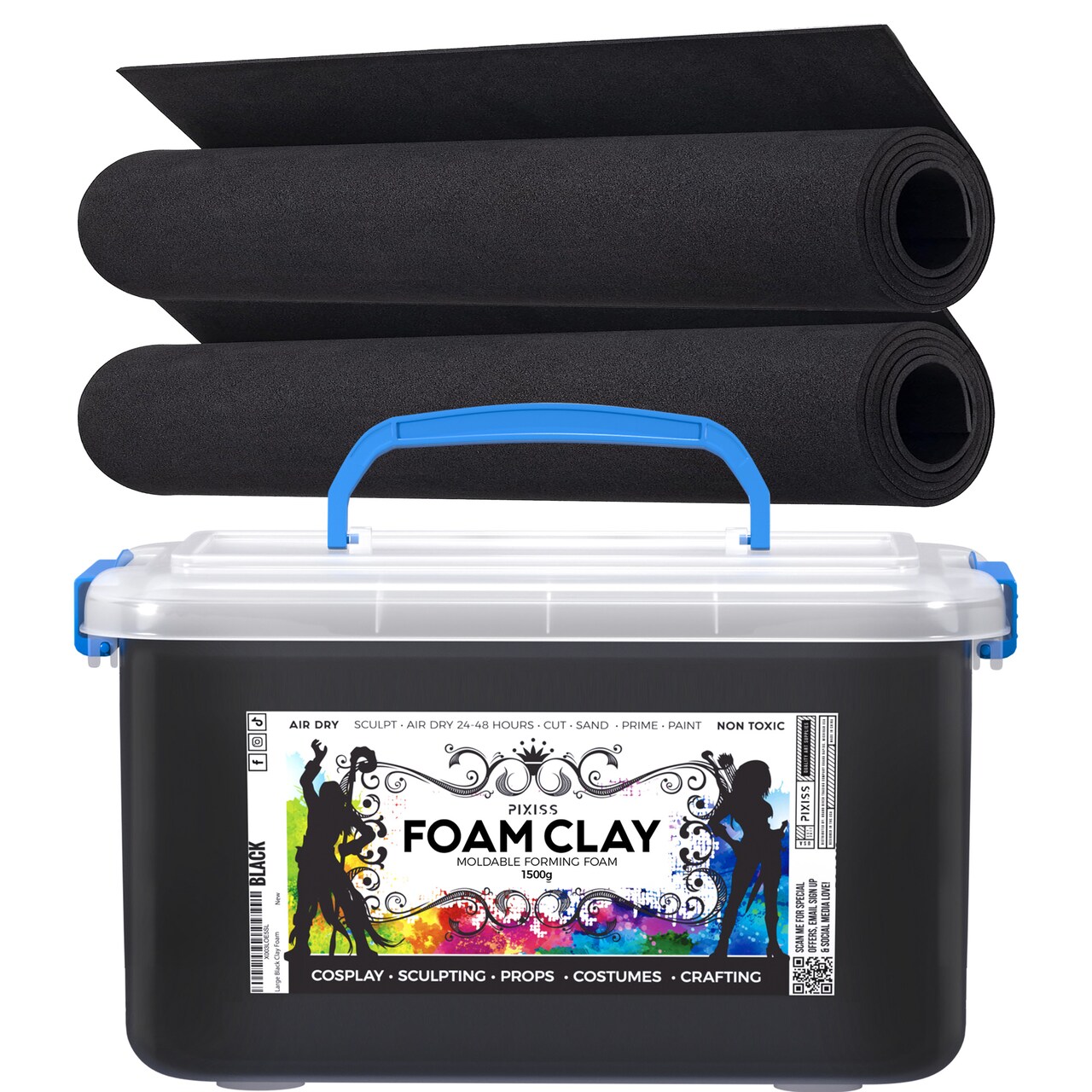 Foam Modeling Clay For Sculpting & EVA Foam - 1500g Cosplay Foam Clay Air Dry (Black Foam) and 2 Cosplay EVA Foam Rolls (35cm x 150cm x 5mm Foam Roll, Black), Air dry foam clay for Craft Foam Clay Kit…